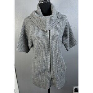 Lord & Taylor Cashmere Sweater Grey Short Sleeve Full Zip Front Cowl Neck Sz XS